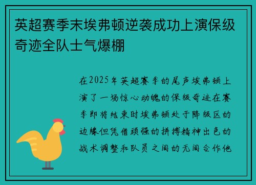 英超赛季末埃弗顿逆袭成功上演保级奇迹全队士气爆棚 英超赛季末埃弗顿逆袭成功上演保级奇迹全队士气爆棚